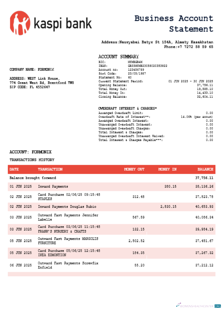 Download Kaspi Bank organization checking account statement Word and PDF template Photoshop template